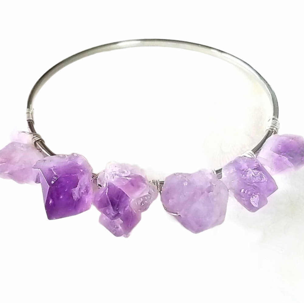 Hand Crafted Amethyst Nugget Wire Wrapped Bangle Bracelet